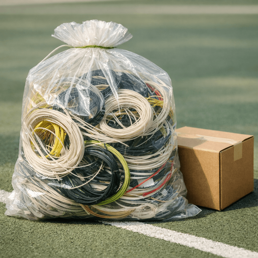 Discarded tennis strings bagged for collection
